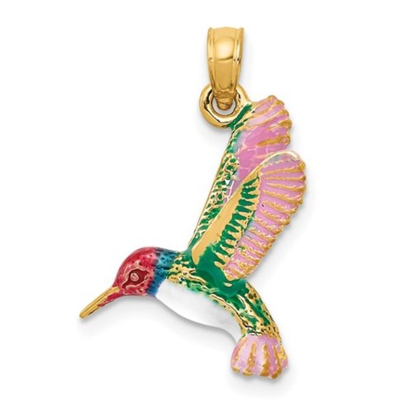 14k Yellow Gold Multi-color Enameled 3-D Hummingbird Necklace Charm Pendant Bird - Picture 1 of 4